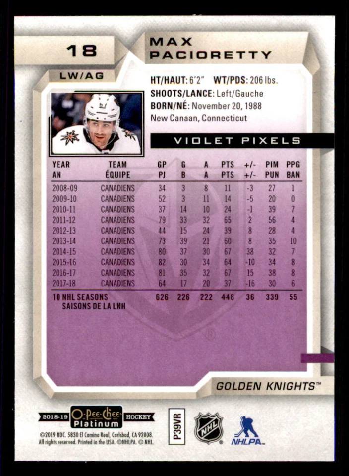 2018-19 O-Pee-Chee Platinum Violet Pixels #18 Max Pacioretty - Image 2 of 2