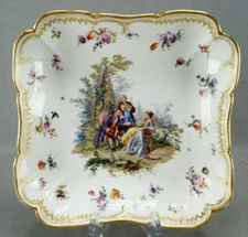 KPM Berlin Hand Painted Watteau Scene Flowers & Gold Square 9 5/8 Inch Bowl B