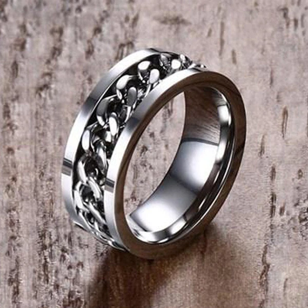 Silver Men Wedding Ring Loop Spinning Chain Band Stainless Steel