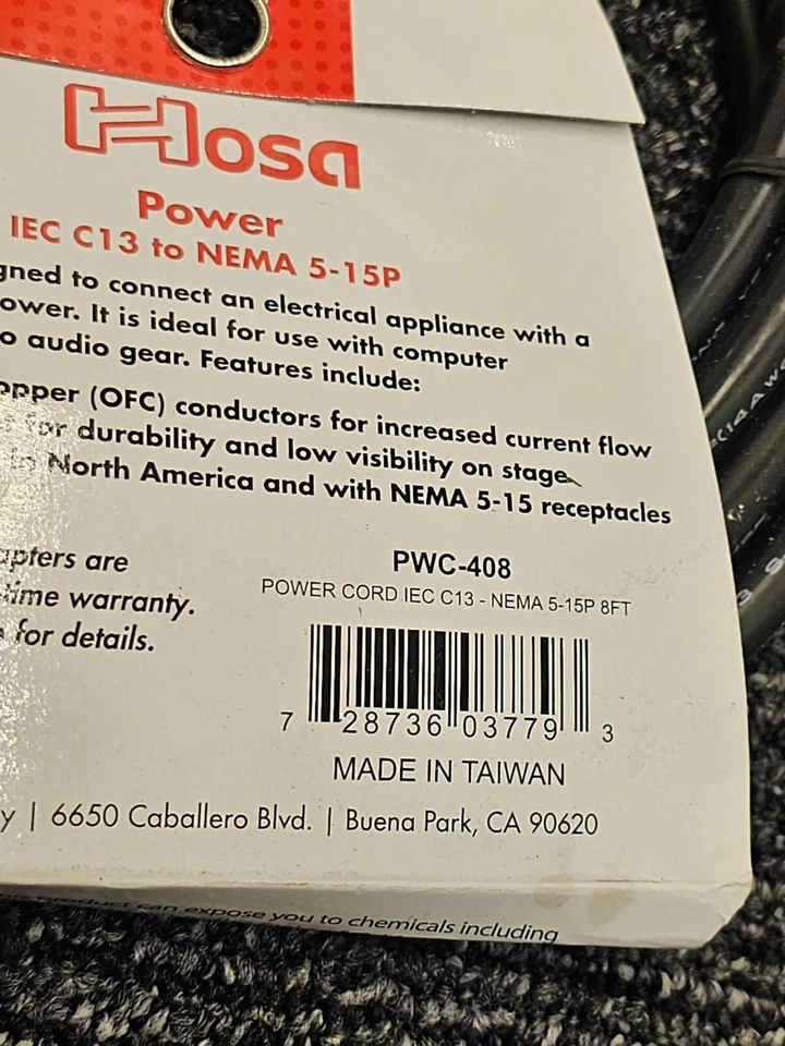 Hosa PWC-408 Power Cord, IEC C13 to NEMA 5-15P, 8 ft Black PVC Jacket - Image 4 of 4