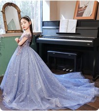 Girls Kids Show Long Tailed dress Ball Gown Princess Party Wedding Frock 72541