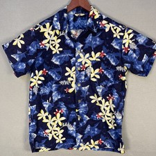 Vintage 50s Kamehameha Hawaiian Shirt Rayon Crepe Blue Floral Metal Buttons M