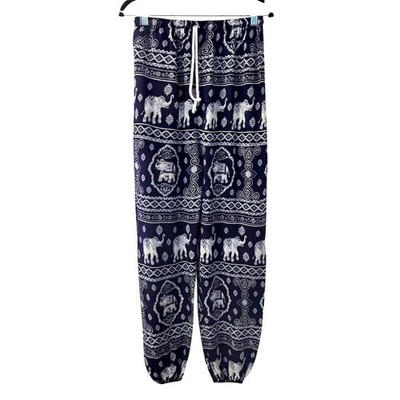 Unisex Harem Pants L Blue Geometric Elephant Bohemian Casual Tapered Y2K