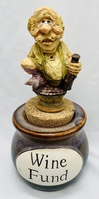 Vintage Container Jar Crock Figurine Statue Lid WINE FUND Bar Barware Bank Fun