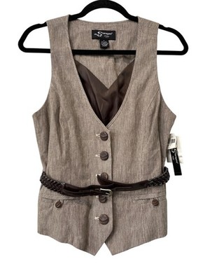 Vintage 90s Sharagano Studio Vest Belted Button Size Small Linen Deadstock NEW