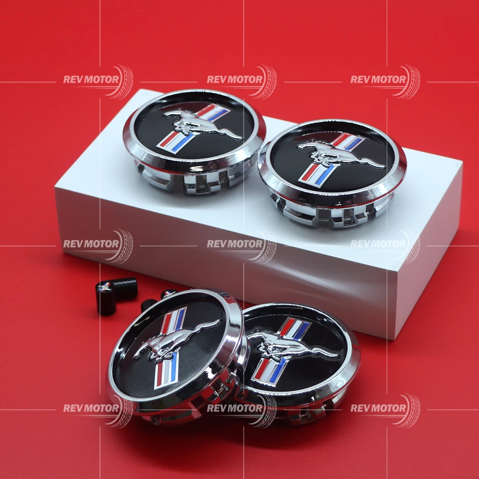 4PCS For M-ustang Black w/ Chrome Running Horse Wheel Center Caps - Image 2 of 4