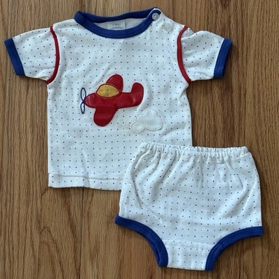 Baby Boy Outfit Vintage Newborn 2pc Airplane Cloud Polka Dots Primary Colors