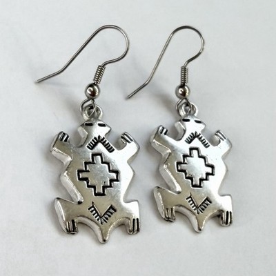 Native American Earrings Horned Lizard Frog Tribal Silver Metal Dangle 1.5 