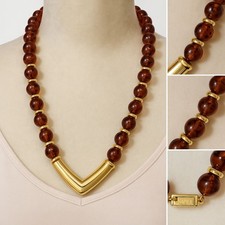 Napier Amber Resin Bead Necklace Gold Tone V Center Marked Vintage 24