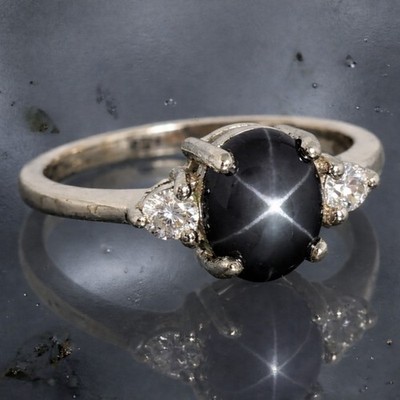 6 Rays Real Black Star Sapphire Ring 925 Sterling Silver Engagement Rings