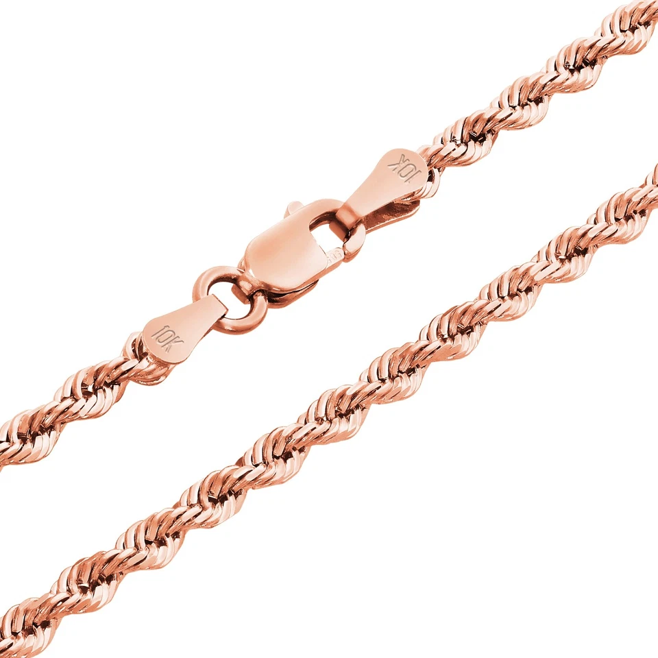 Collar de eslabones de cadena de cuerda con corte de diamante de 2,5 mm de oro rosa de 10 quilates para hombre y mujer de 20"