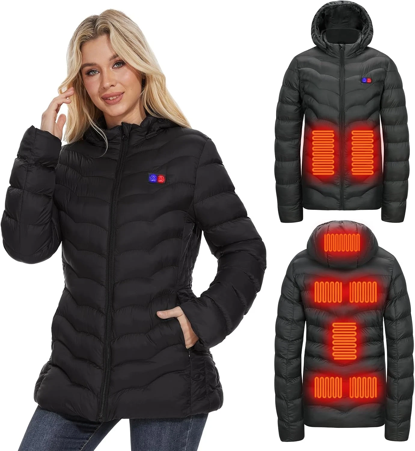 Womens Heated Jacket with 10000Mah Battery Pack, Dual Control Button Heated Coat