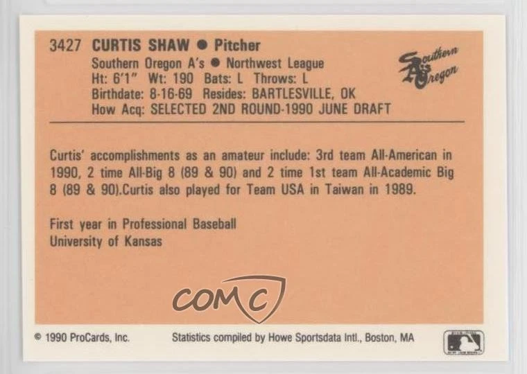 1990 ProCards Minor League Curtis Shaw #3427 - Image 2 of 2
