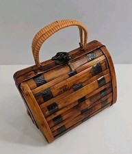 VTG Wooden Bamboo Mini Handbag Handmade Hook Latch Closure  Woven Handle- Rare