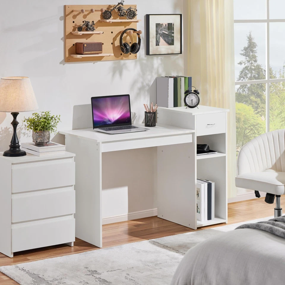 Topeakmart Pequeño Escritorio de Ordenador Blanco con Cajones y Estantes para Impresora, Madera Foto 3 de 4