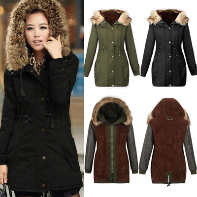 Womens Ladies Quilted Winter Coat Puffer Fur Collar Hooded Jacket Parka Size