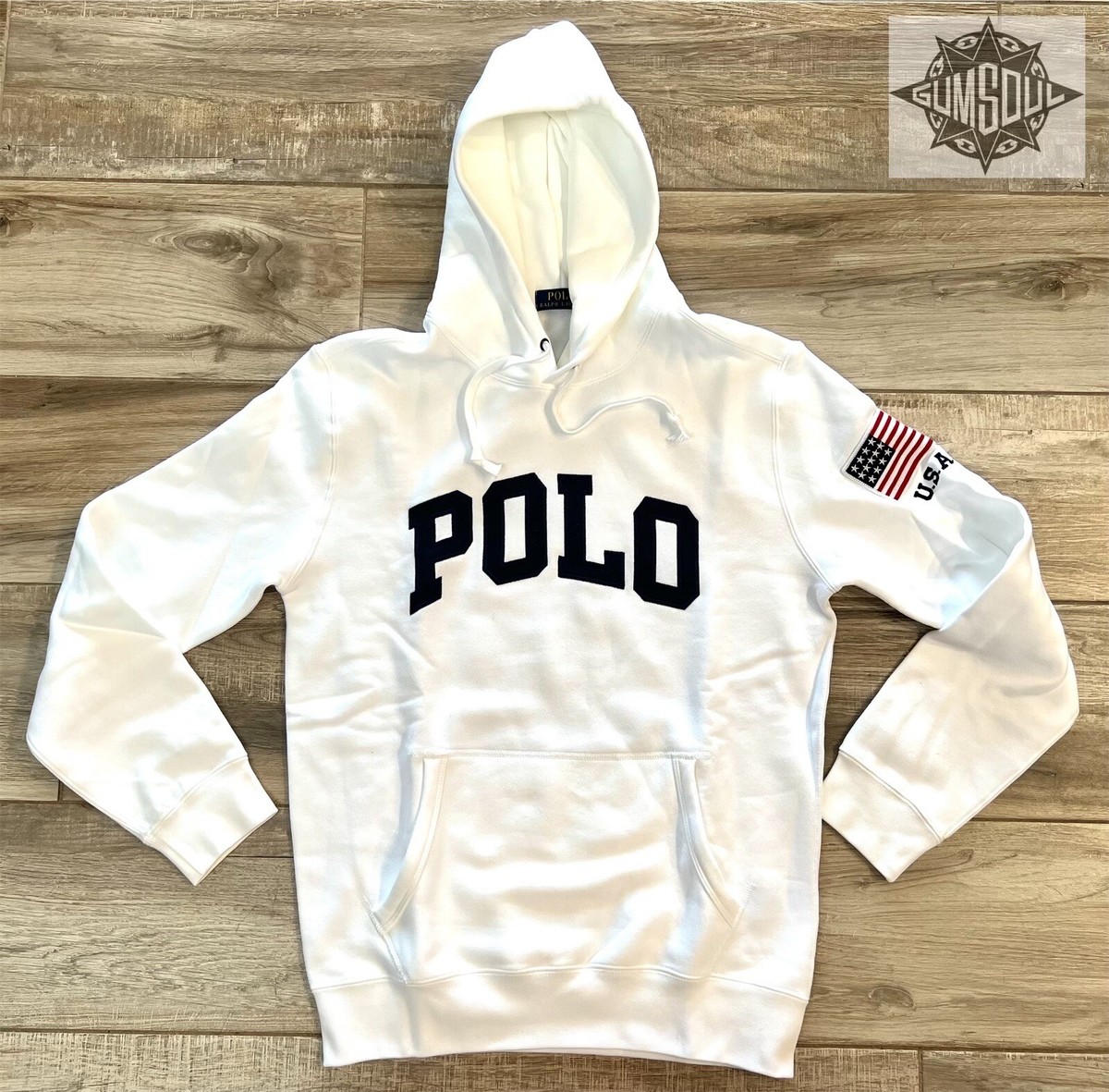 POLO RALPH LAUREN PULLOVER FLEECE HOODIE USA FLAG PATCH WHITE NAVY