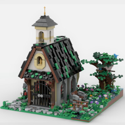 MOC: Small Chapel Model with Interior, Stream, Tree and Plants 2066 Pieces