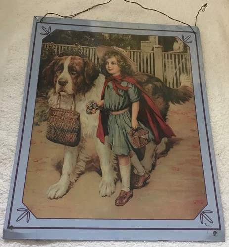 Tin-'To School Well Fed On Grape-Nuts' Victorian Girl/St Bernard Dog Reproductio