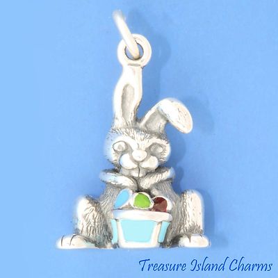 Bunny Rabbit with Enamel Easter Egg Basket 925 Sterling Silver