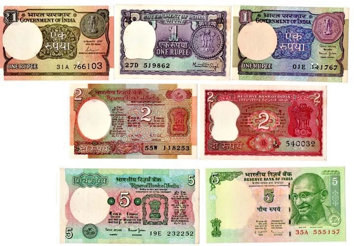 1983-2008 - INDIA REPUBLIC 1 RUPEE, 2 RUPEE, 5 RUPEE - 7 UNC NOTES SET- INDIA - Image 2 of 2