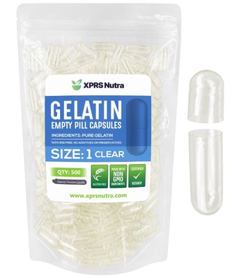 Size 1 Clear Empty Gelatin Pill Capsules Kosher Gel Caps Gluten-Free USA Made