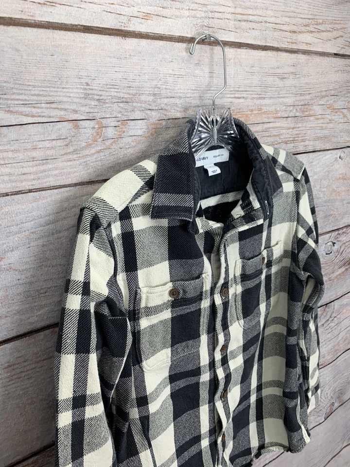 Old Navy Flannel Youth S Regular Fit Blck Cream Check Plaid Button Up Shirt - Image 3 of 4