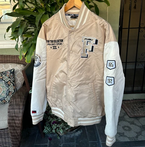 Vintage 92 Fubu 05 The Collection Satin Jacket Beige Embroidered Mens L Quilted - product listing photo