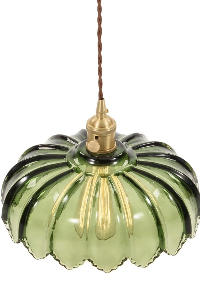 NEW West Elm Vintage Green Glass Hanging Gold Floral Pendant Light Fixture - Image 3 of 4