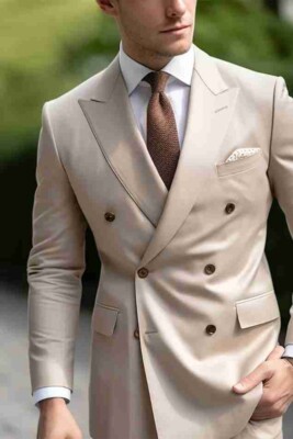 Mens Elegant Premium Beige Double Breasted Suit Prefect Wear For Wedding & Event