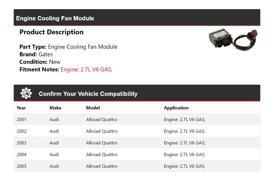 Para Audi Allroad Quattro 2001-2005 2,7 L V6 motor gas módulo ventilador puertas Foto 2 de 4