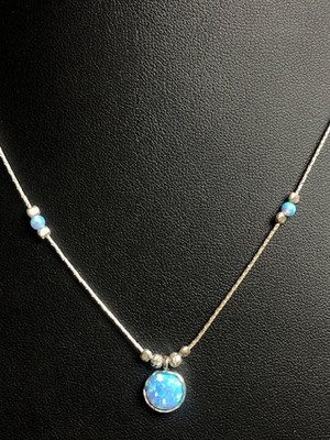 B3174 Sterling Silver 18''  Blue opal Pendant beaded Station Necklace