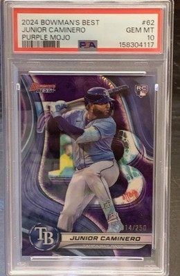 Junior Caminero RC 2024 Bowman's Best Purple Mojo Refractor /250 #62 PSA 10 GEM