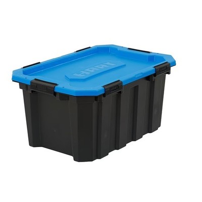 Heavy Duty Plastic Storage Bin with Latching Blue Lid and Black Base 24 Gallon