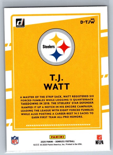 2020 Donruss Dominators #D-TJW T.J. Watt Pittsburgh Steelers - Picture 2 of 2