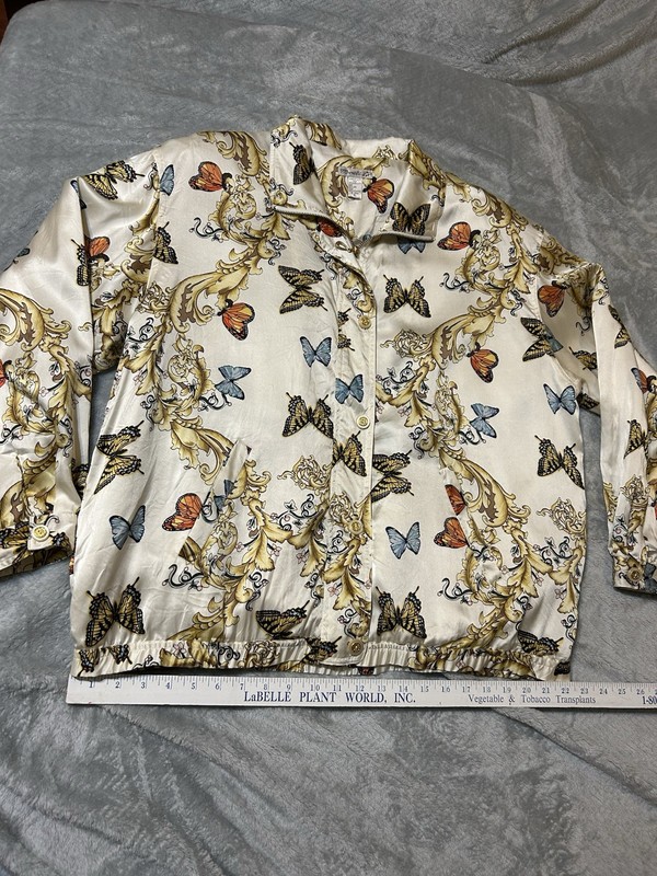 Vtg Mureli Women’s Butterfly Print Silk Zip  Front Lined Bomber Jacket PocketsXL
