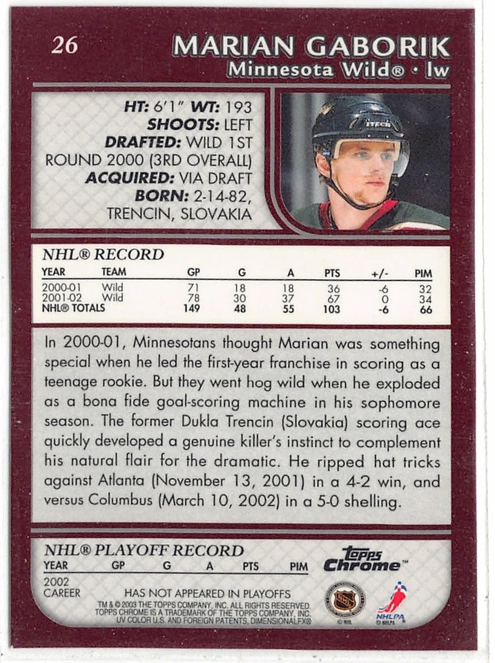 2002-03 Topps Chrome #26 Marian Gaborik - Image 2 of 2