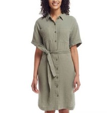 NWT Weatherproof Vintage Shirt Dress Med Green Gauzy Cotton Belted Pockets