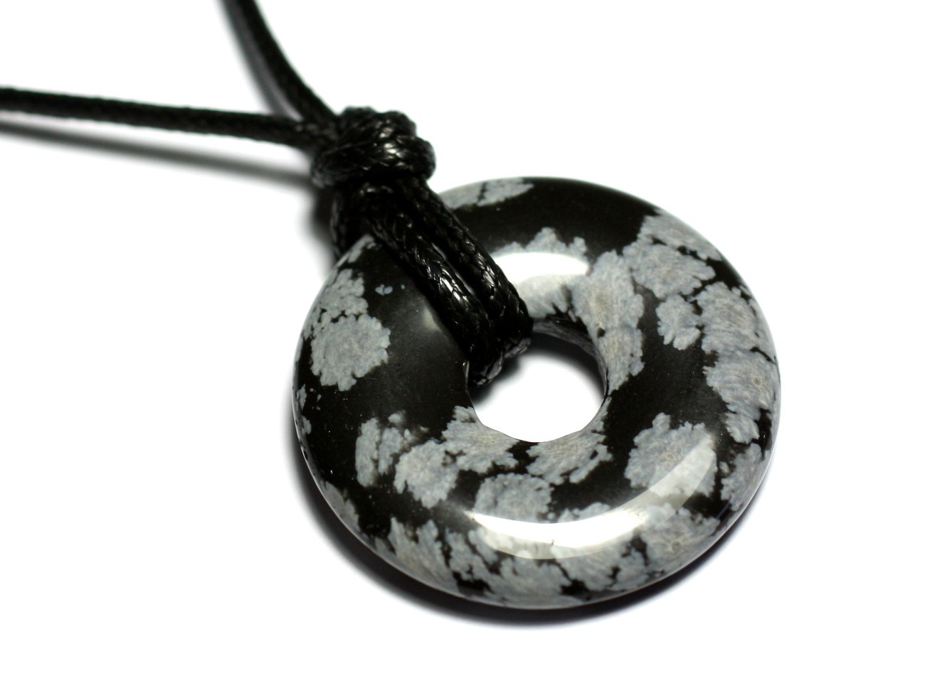 Collier pendentif pierre rond cercle anneau donut pi 30mm obsidienne noir
