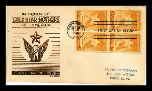 DR JIM STAMPS US COVER GOLD STAR MOTHERS FDC SCOTT 969 BLOCK THERMOGRAPHED