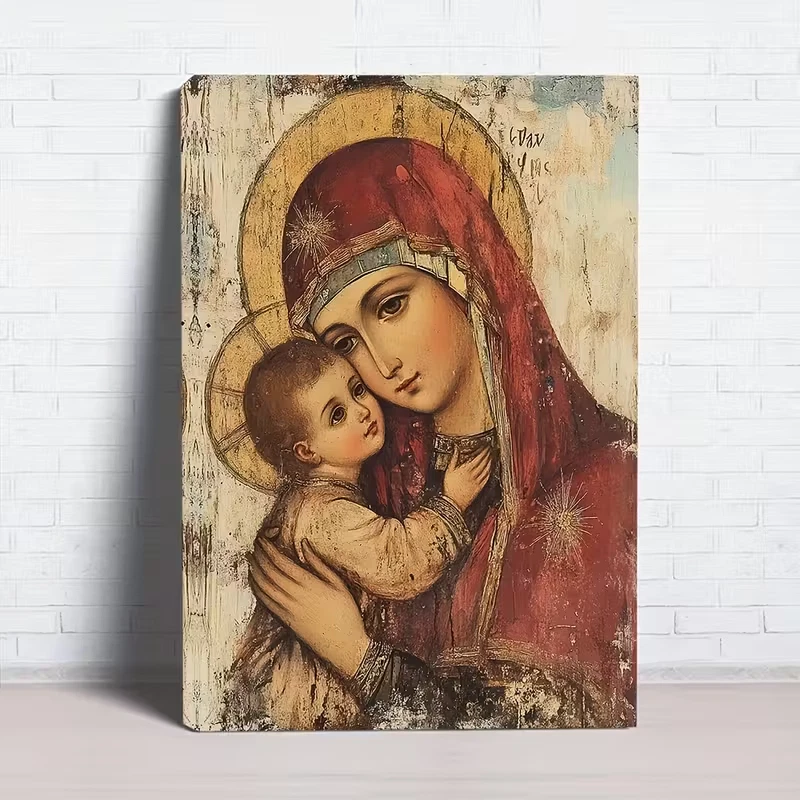 Vintage Framed Canvas Painting Russian Orthodox Icon of Virgin Mary and Jesus - Image 3 of 4