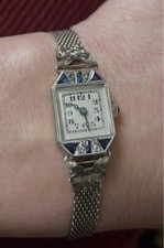 Montre femme Or Blanc 18ct Saphirs + diamants mécanique ART DECO  watch diamonds
