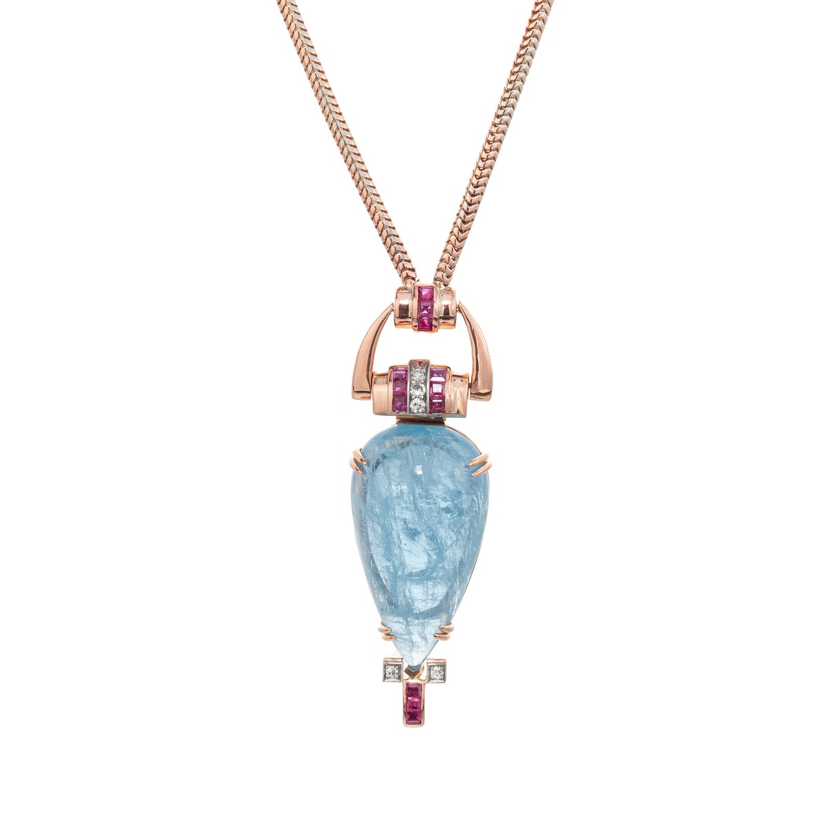 Modern 1940's Carat Aquamarine Ruby Diamond Rose Gold Retro