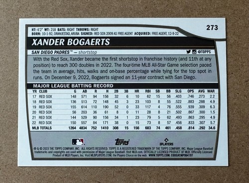 2023 Topps Big League Xander Bogaerts Blue Foil #273 - Bild 2 von 2