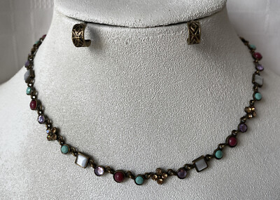 Lia Sophia Al Fresco Antique Gold Tone Necklace Brass Red White Cats Eye & Bonus