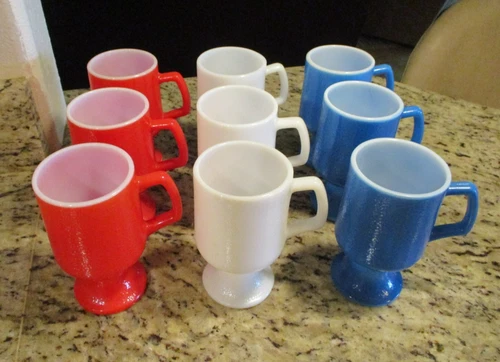 Vintage Anchor Hocking Coffee or Tea Pedestal Mugs 9 Red White Blue Milk Glass