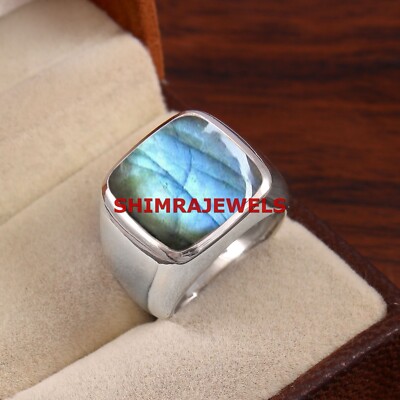 Natural Labradorite Gemstone With 925 Sterling Silver Men's Ring #1090