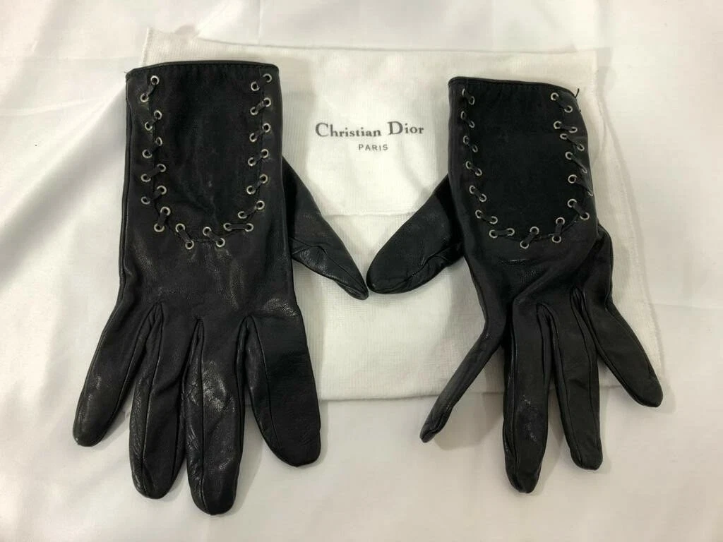 Gants authentiques pour femmes Christian Dior logo cuir noir coton dentelle métal 