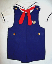 Boy 2T: APPLIQUED NAVY BLUE  WHITE NAUTICAL SAILOR SUIT ROMPER: 3-Pc. Excellent