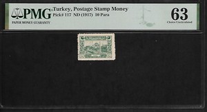 Turkey 10 Para 1917 PMG 63 UNC  P# 117 PMG Population 2/0 Postage Stamp Money